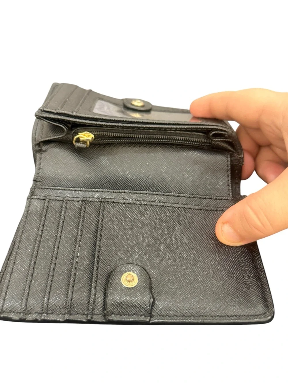 Michael Kors Metallic Pewter Pebbled Leather Card Holder with Gold Plaque